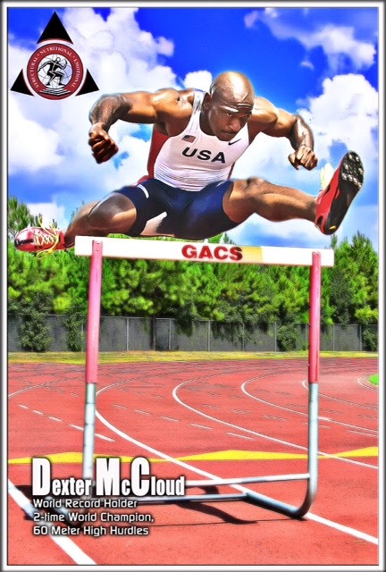 Dexter McCloud clearing a hurdle in a USA uniform